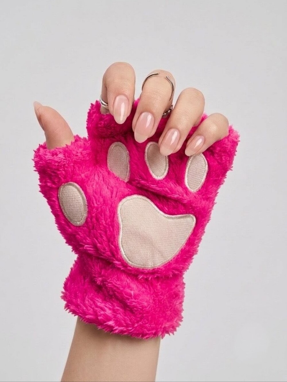 Pink Plush Paw Gloves - Fuzzy Fingerless Mitts